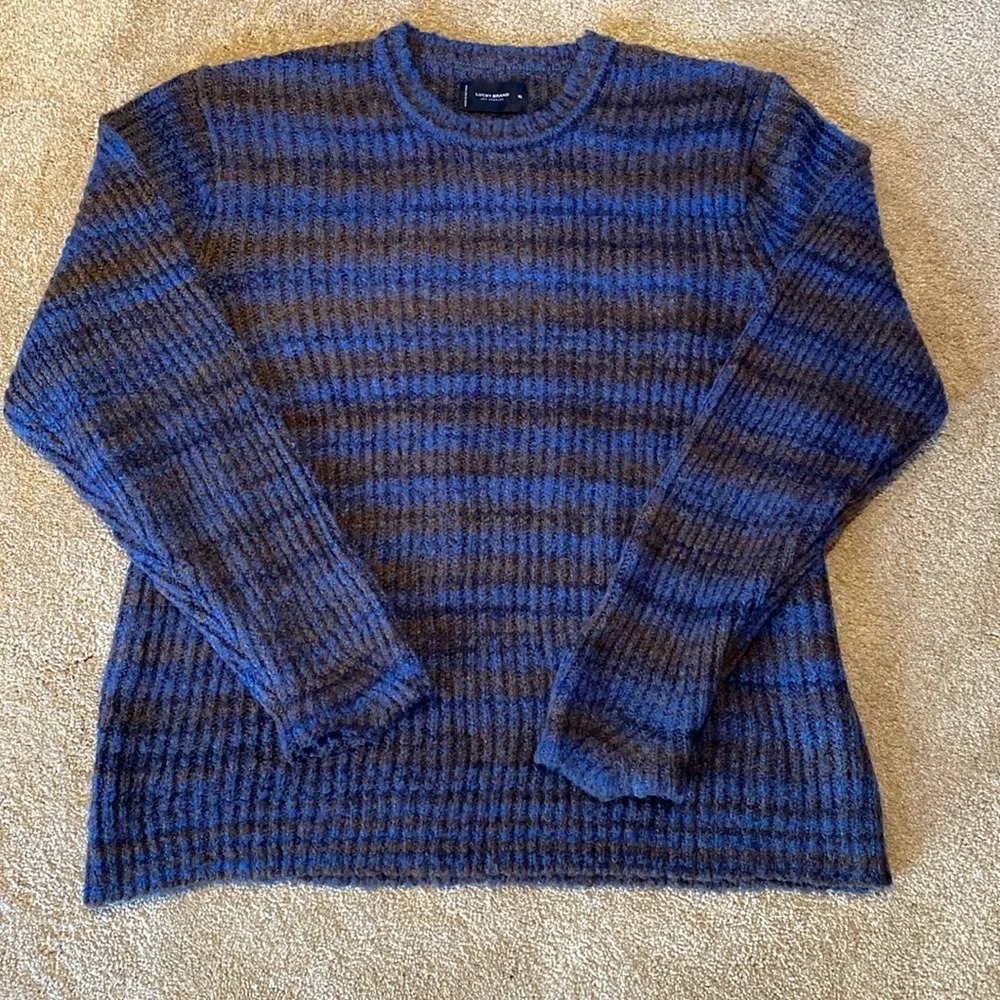 Lucky Brand Crew Neck Space Dye L/S Sweater Blue Tan Stripe Size XL